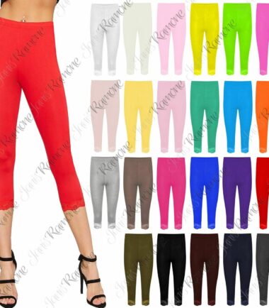 New Womens Lace Trim Plain 3/4 Leggings Gym Stretch Capri Cropped Jogging Pants