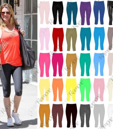 New Womens Plain 3/4 Length Leggings Workout Gym Cropped Yoga Active Capri Pants