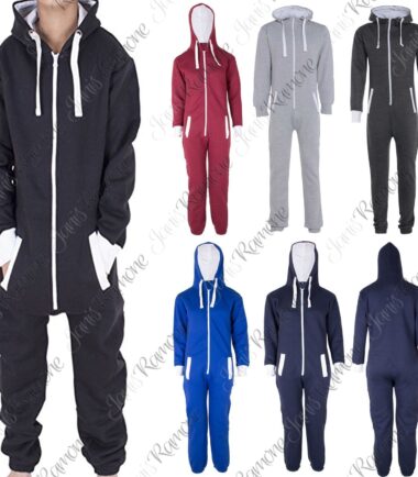 New Kids Girls Boy Unisex Plain Fleece ZipUp All In One Hooded Jumpsuit Playsuit
