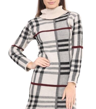 New Womens LongSleeve Checked Knit Cowl Polo Neck Bodycon Jumper Tunic Dress Top