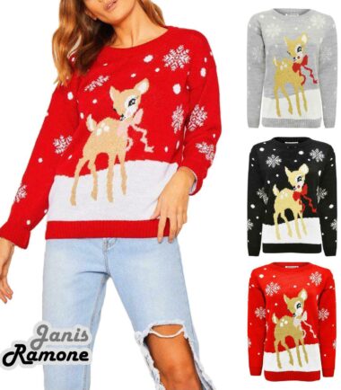 New Womens Christmas Baby Deer Bambi Print Novelty Xmas Party Jumper Sweater Top