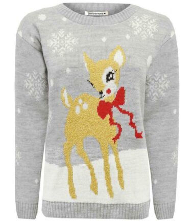 New Womens Christmas Baby Deer Bambi Print Novelty Xmas Party Jumper Sweater Top