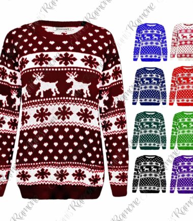 New Girls Boys Christmas Reindeer Snowflake Knitted Kids Xmas Jumper Sweater Top