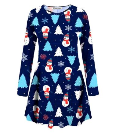 New Women Girls Kids Snowman Reindeer Print Flare Christmas Mini Swing Dress Top