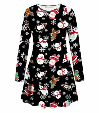 New Women Girls Kids Snowman Reindeer Print Flare Christmas Mini Swing Dress Top