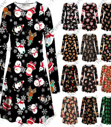 New Womens Girls Reindeer Xmas Tree Flared Christmas Swing Dress Plus Size 8-34