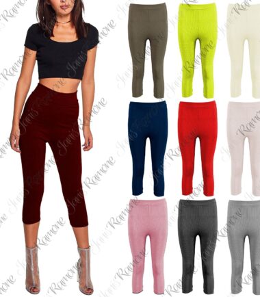 Womens Ribbed Gym Yoga Stretchy Skinny Capri Casual Cropped 3/4 Leggings Pants