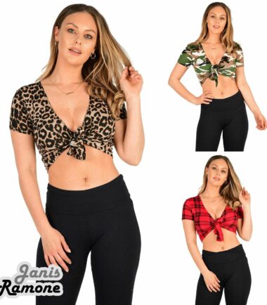 Womens Camo Tartan Print Tie Up Knot Short Sleeve V Neck Crop Bolero Shrug Top