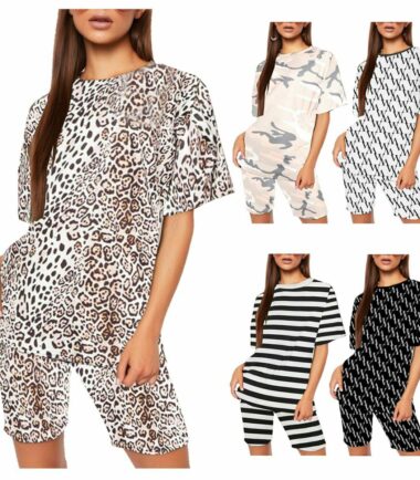Womens Printed Longline Oversized T-Shirt Cycling Shorts Set Summer Loungewear