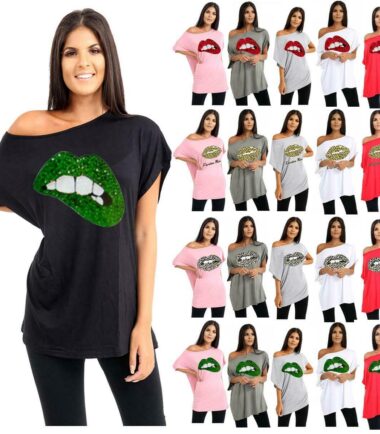 Womens Biting Lips Off Shoulder Baggy Oversized T-Shirt Cute Casual Summer Tops