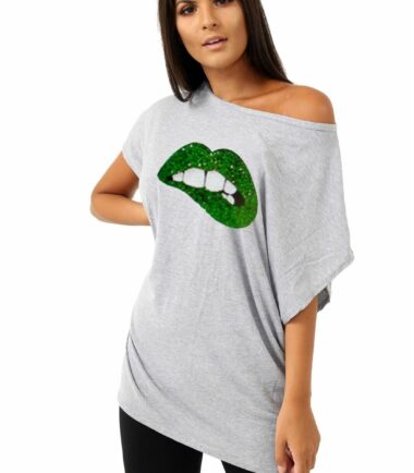 Womens Biting Lips Off Shoulder Baggy Oversized T-Shirt Cute Casual Summer Tops