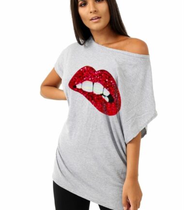Womens Biting Lips Off Shoulder Baggy Oversized T-Shirt Cute Casual Summer Tops