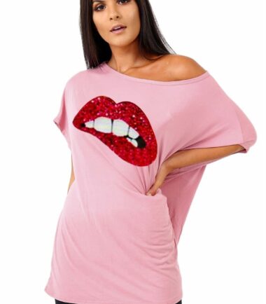 Womens Biting Lips Off Shoulder Baggy Oversized T-Shirt Cute Casual Summer Tops