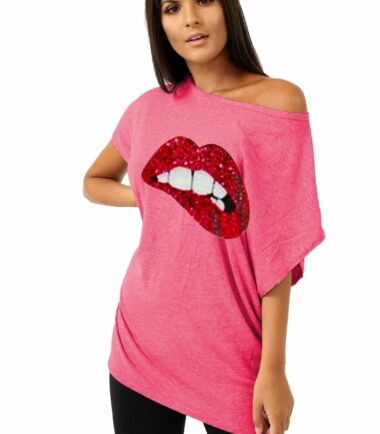 Womens Biting Lips Off Shoulder Baggy Oversized T-Shirt Cute Casual Summer Tops