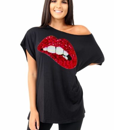 Womens Biting Lips Off Shoulder Baggy Oversized T-Shirt Cute Casual Summer Tops