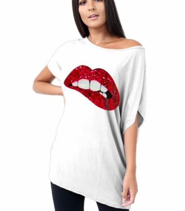 Womens Biting Lips Off Shoulder Baggy Oversized T-Shirt Cute Casual Summer Tops