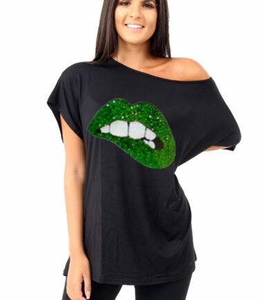 Womens Biting Lips Off Shoulder Baggy Oversized T-Shirt Cute Casual Summer Tops
