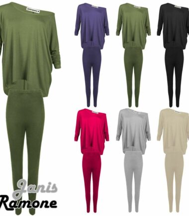 Womens Plain Batwing Baggy Top Leggings Loungewear 2 Pcs Set Casual Tracksuit