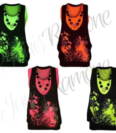 Womens Neon Splash Print Glitter Top Ladies Twin Vest Necklace Sleeveless Top