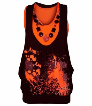 Womens Neon Splash Print Glitter Top Ladies Twin Vest Necklace Sleeveless Top