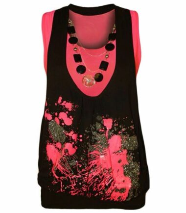 Womens Neon Splash Print Glitter Top Ladies Twin Vest Necklace Sleeveless Top