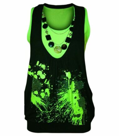 Womens Neon Splash Print Glitter Top Ladies Twin Vest Necklace Sleeveless Top