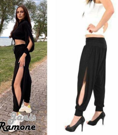 New Women Ladies Plain Baggy Full Length Cuffed Bottom Hareem Side Slit Leggings