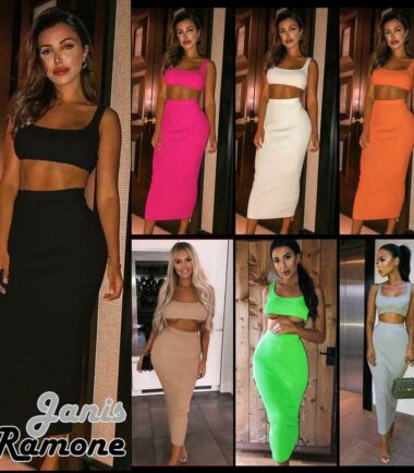Womens Plain Ribbed Sleeveless Crop Top Long Maxi Skirt Summer 2 Pcs Co-Ord Suit