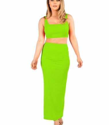 Womens Plain Ribbed Sleeveless Crop Top Long Maxi Skirt Summer 2 Pcs Co-Ord Suit