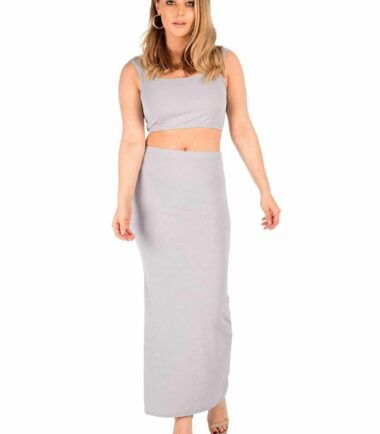 Womens Plain Ribbed Sleeveless Crop Top Long Maxi Skirt Summer 2 Pcs Co-Ord Suit