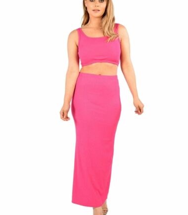 Womens Plain Ribbed Sleeveless Crop Top Long Maxi Skirt Summer 2 Pcs Co-Ord Suit