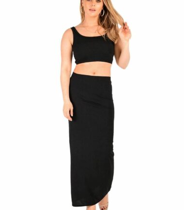 Womens Plain Ribbed Sleeveless Crop Top Long Maxi Skirt Summer 2 Pcs Co-Ord Suit