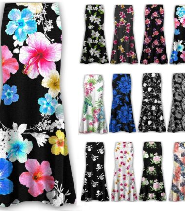 Plus Size Womens Floral Print High Waist Gypsy Flared Jersey Summer Maxi Skirt
