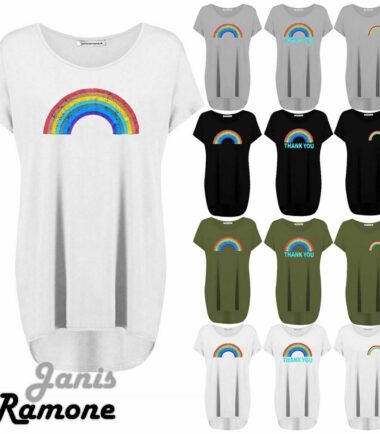 Womens Ladies NHS Rainbow Thank You Lagenlook Hi Lo Oversized T-Shirt Baggy Tops