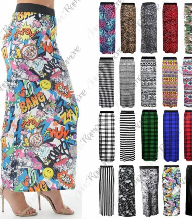 New Womens Ladies Printed Long Jersey Bodycon Elasticated Waist Gypsy Maxi Skirt