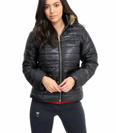 New-Womens-Wet-Look-Shiny-Quilted-Padded-Fur-Hooded-Zip-Up-Winter-Jacket-Coat New Womens Wet Look Shiny Quilted Padded Fur Hooded Zip Up Winter Jacket Coat