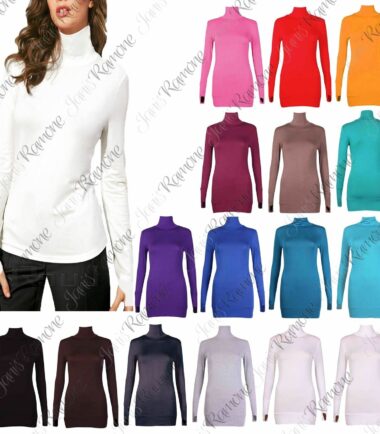New Womens Long Sleeve Plain Thumb Hole Polo Neck Jumper Stretch Sweater Top