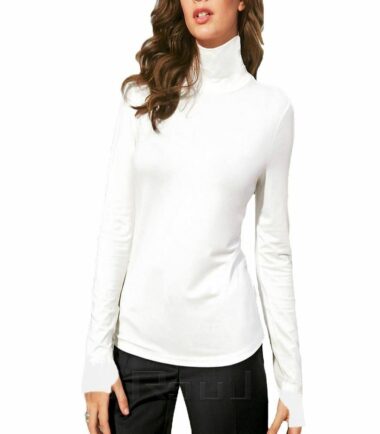 New Womens Long Sleeve Plain Thumb Hole Polo Neck Jumper Stretch Sweater Top