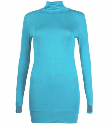 New Womens Long Sleeve Plain Thumb Hole Polo Neck Jumper Stretch Sweater Top