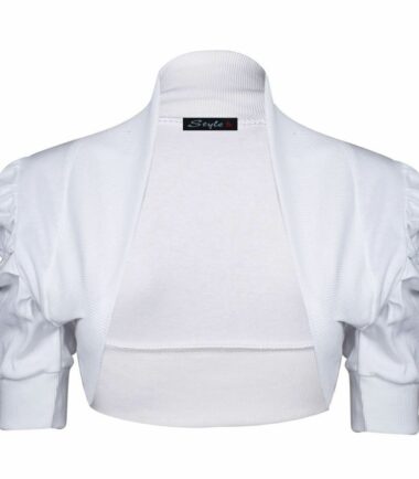 New Womens Plain Cotton Ruched Puff Short Sleeve Bolero Shrug Crop Cardigan Top