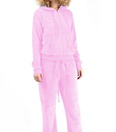 Womens Velvet Velour Hooded Lounge Wear Top Bottom 2 Pcs Suit Jogging Tracksuit