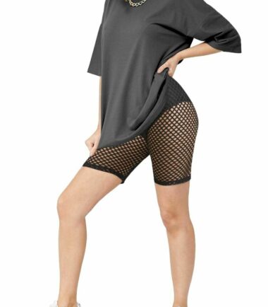 Womens Long Baggy T-Shirt Top Fishnet Cycling Shorts 2 Pcs Set Sports Loungewear
