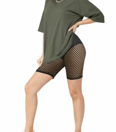 Womens Long Baggy T-Shirt Top Fishnet Cycling Shorts 2 Pcs Set Sports Loungewear