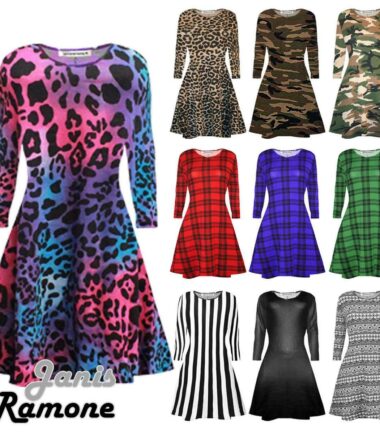 New Kids Girls Aztec Leopard Tartan Print Flared Long Sleeve Skater Swing Dress