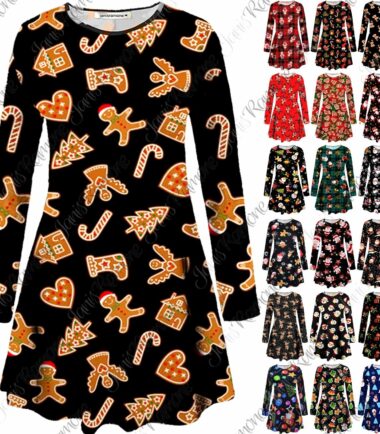 New Womens Santa Reindeer Christmas Print Girls Kids Flared Mini Swing Dress Top