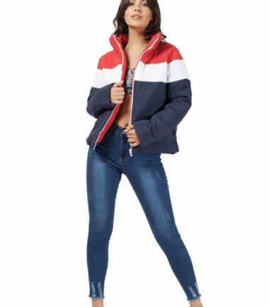 Womens Contrast Colour Block Panel Quilted Padded Jacket Zip Up Warm Thick Coat