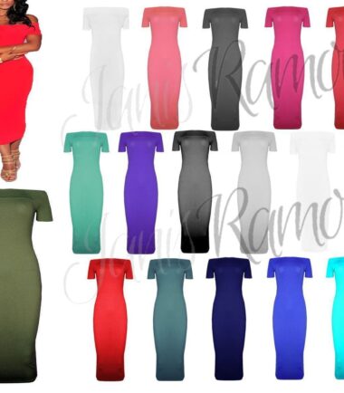 New Womens Plain Off Shoulder Long Midi Dress Cap Sleeve Stretch Bardot Bodycon