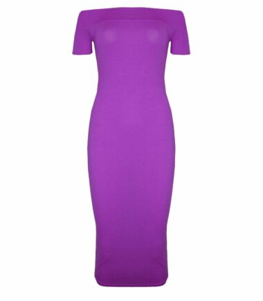New Womens Plain Off Shoulder Long Midi Dress Cap Sleeve Stretch Bardot Bodycon