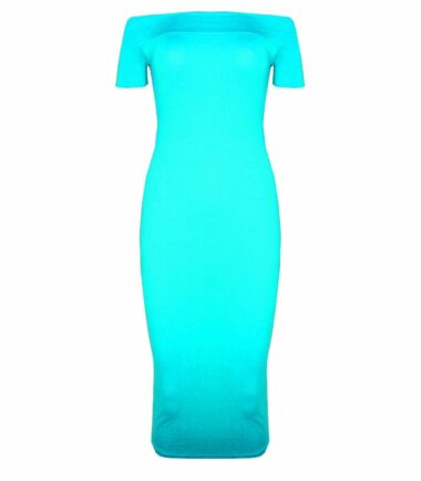 New Womens Plain Off Shoulder Long Midi Dress Cap Sleeve Stretch Bardot Bodycon
