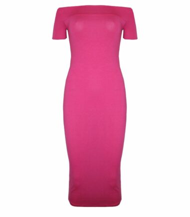 New Womens Plain Off Shoulder Long Midi Dress Cap Sleeve Stretch Bardot Bodycon